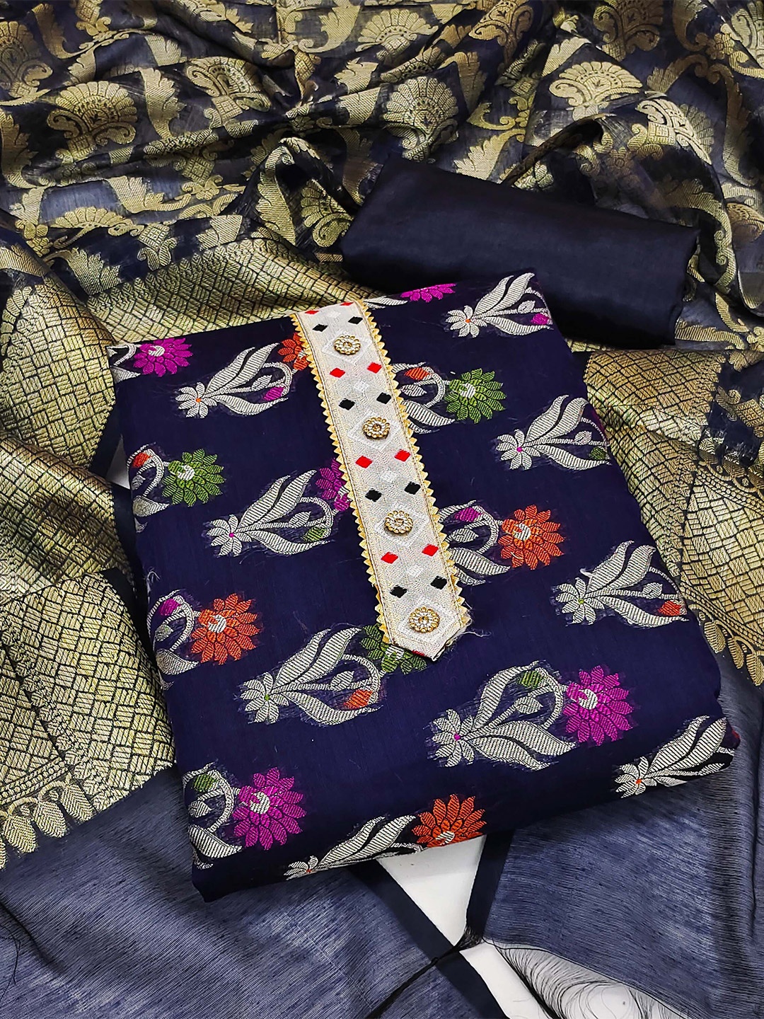 

KALINI Floral Woven Design Zari Unstitched Dress Material, Navy blue