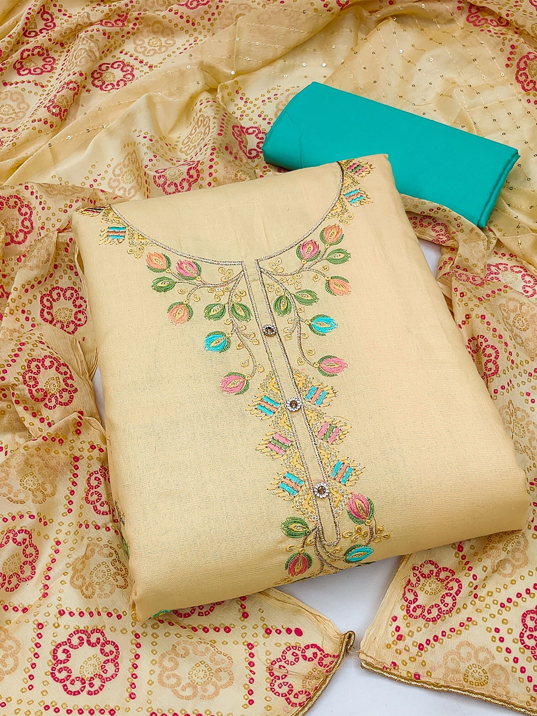 

KALINI Ethnic Motifs Embroidered Pure Cotton Unstitched Dress Material, Beige
