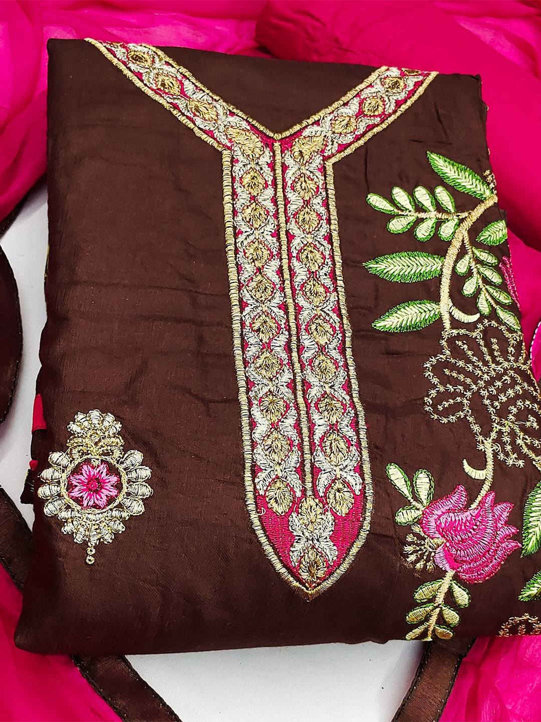 

KALINI Floral Embroidered Pure Cotton Unstitched Dress Material, Brown