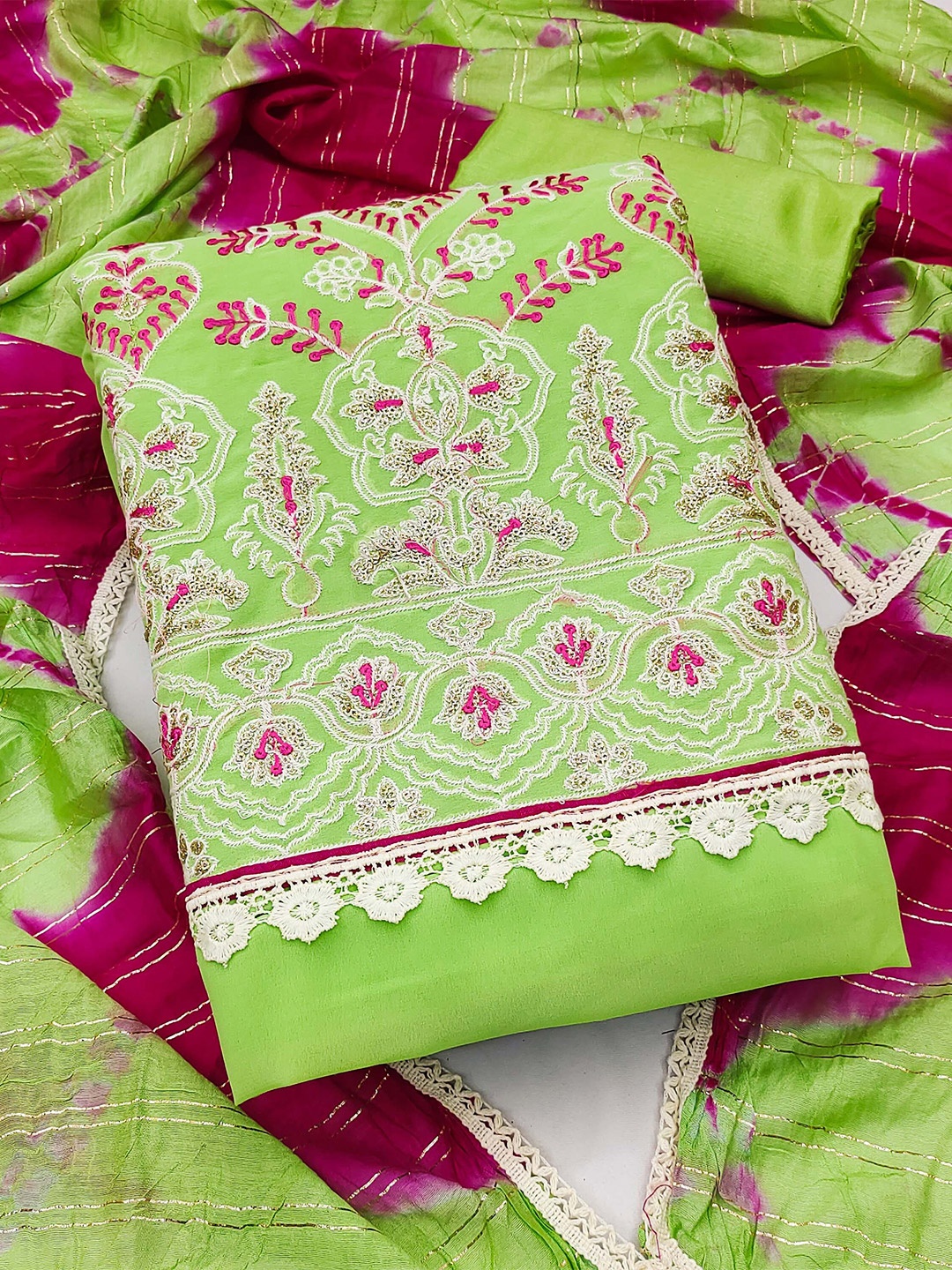 

KALINI Green & Pink Silk Georgette Unstitched Dress Material