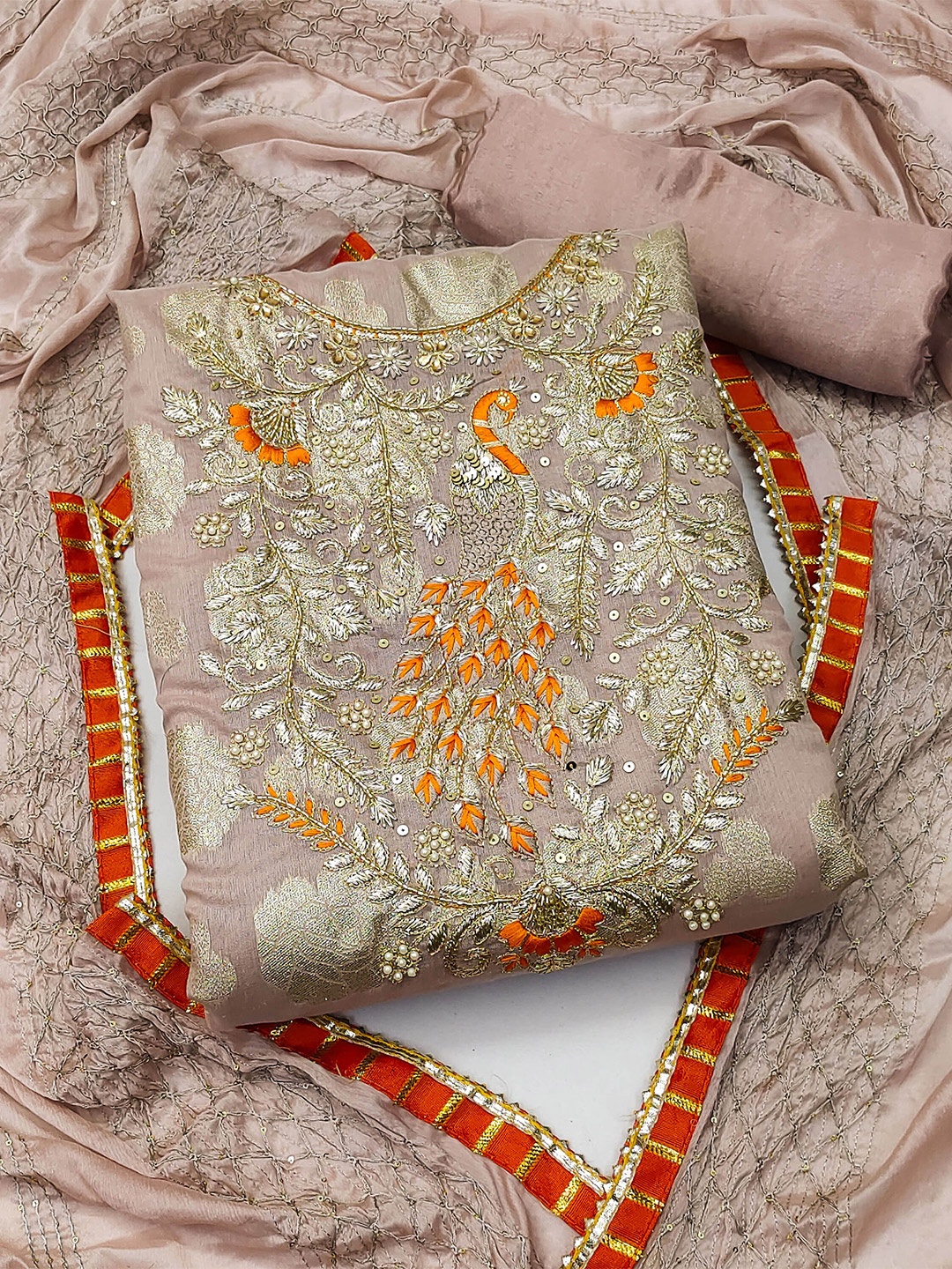 

KALINI Floral Embroidered Zari Unstitched Dress Material, Beige