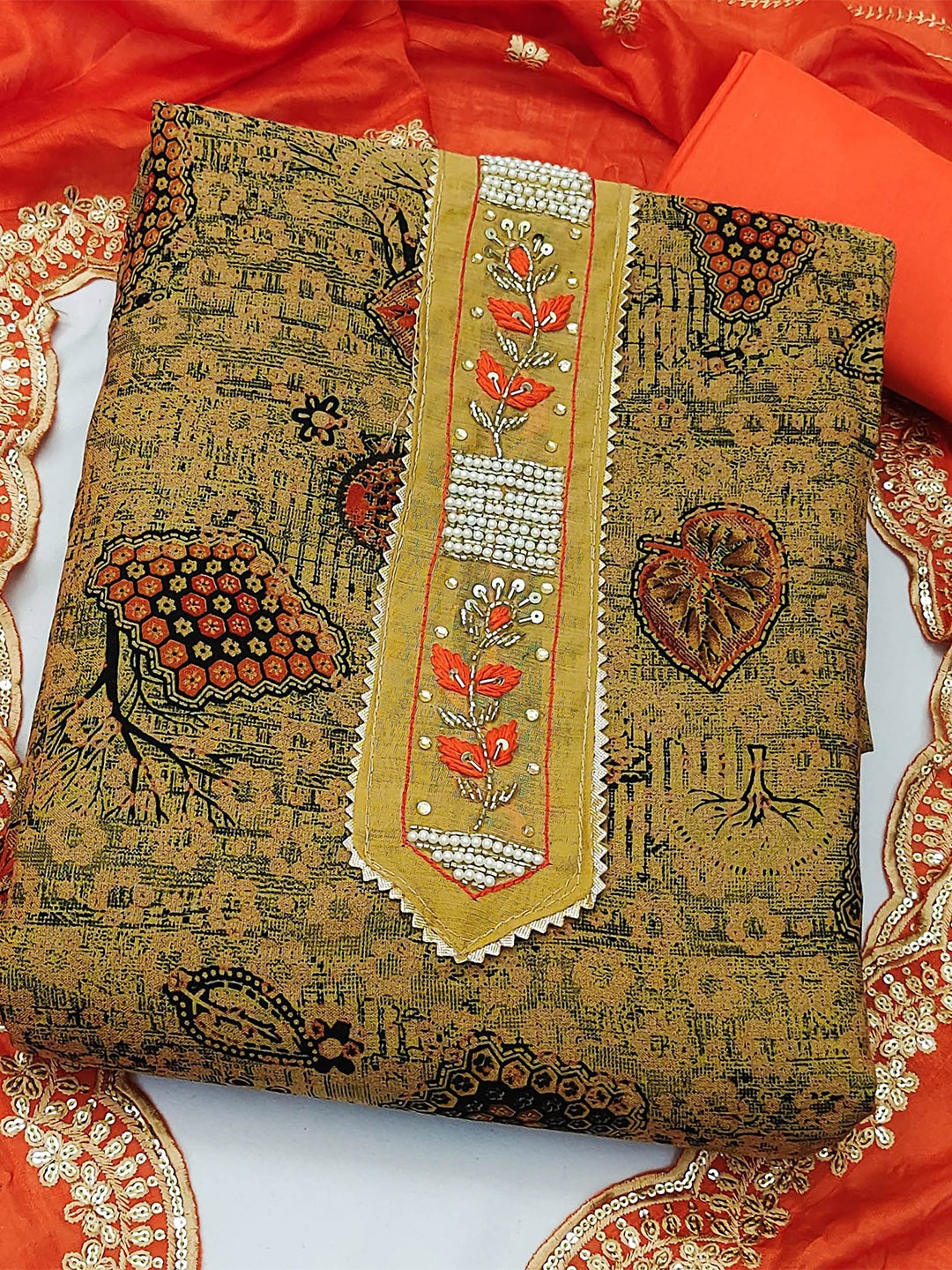 

KALINI Embroidered Pure Cotton Unstitched Dress Material, Brown