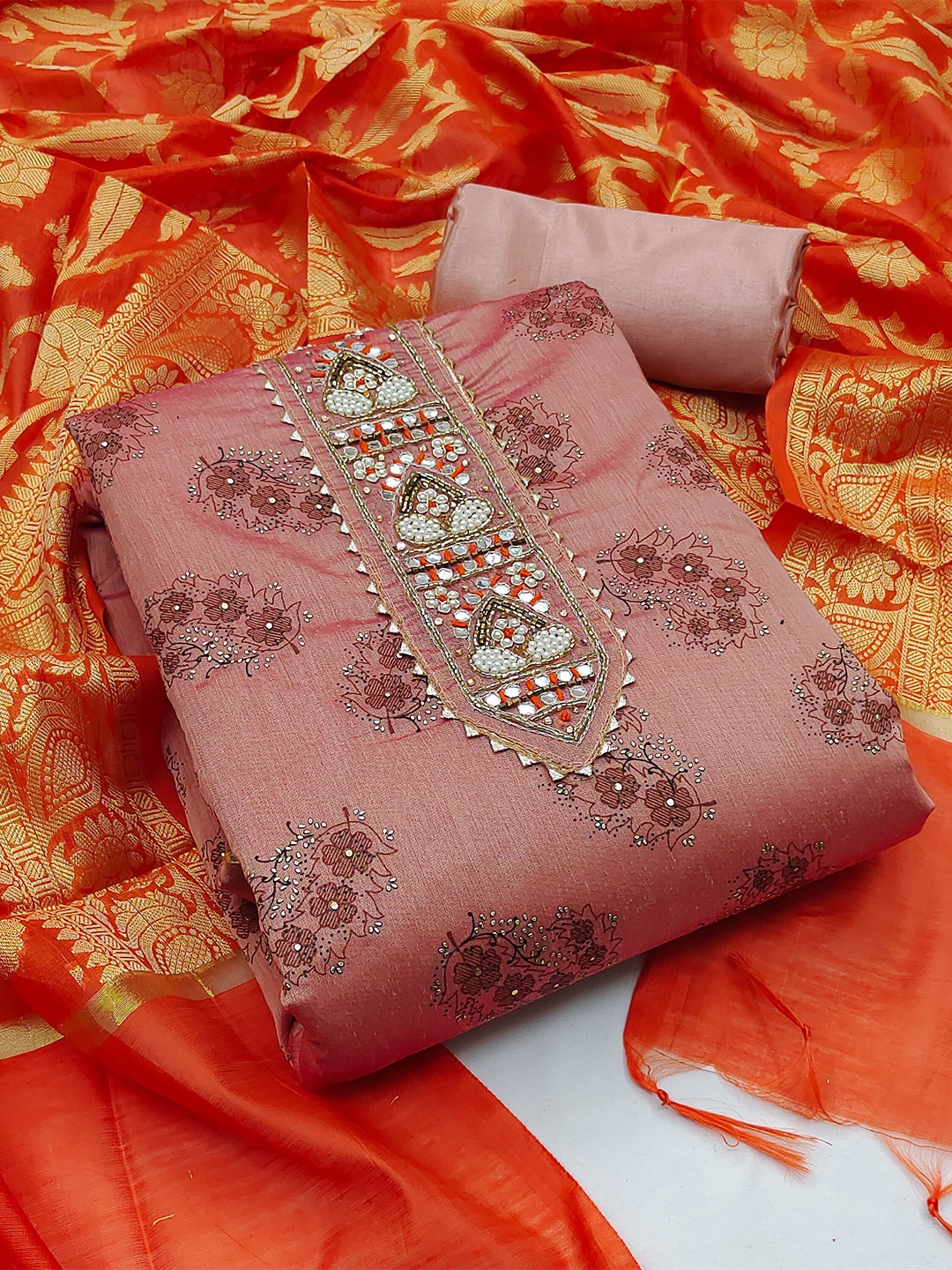 

KALINI Floral Embroidered Unstitched Dress Material, Pink