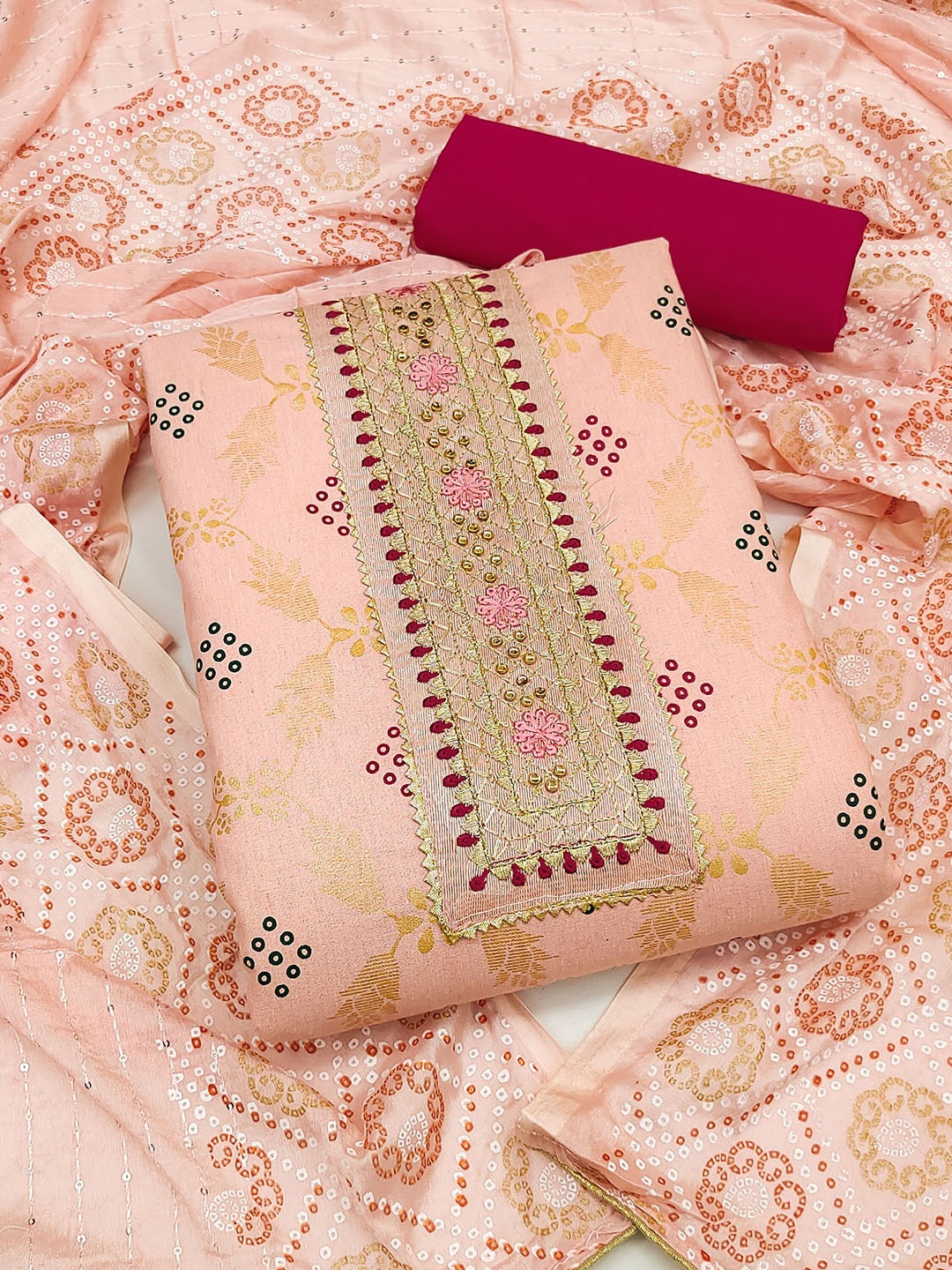 

KALINI Bandhani Printed Pure Cotton Unstitched Dress Material, Peach