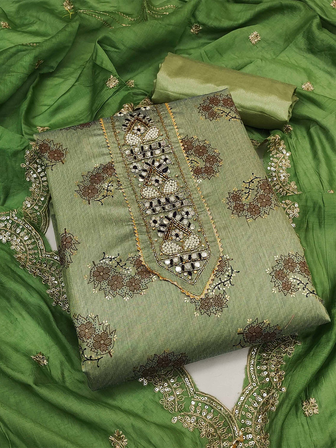 

KALINI Ethnic Motifs Woven Design Unstitched Dress Material, Green