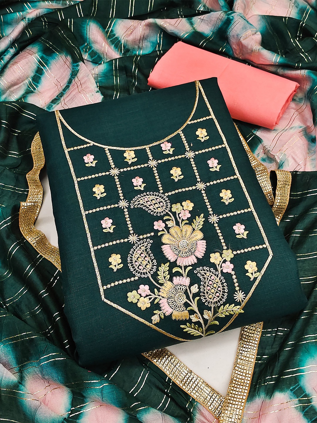 

KALINI Green & Gold-Toned Embroidered Pure Cotton Unstitched Dress Material