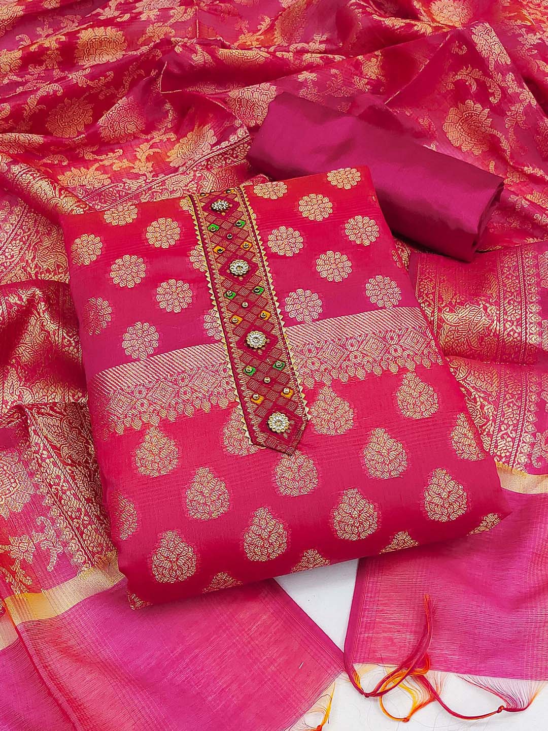 

KALINI Floral Woven Design Zari Unstitched Dress Material, Pink