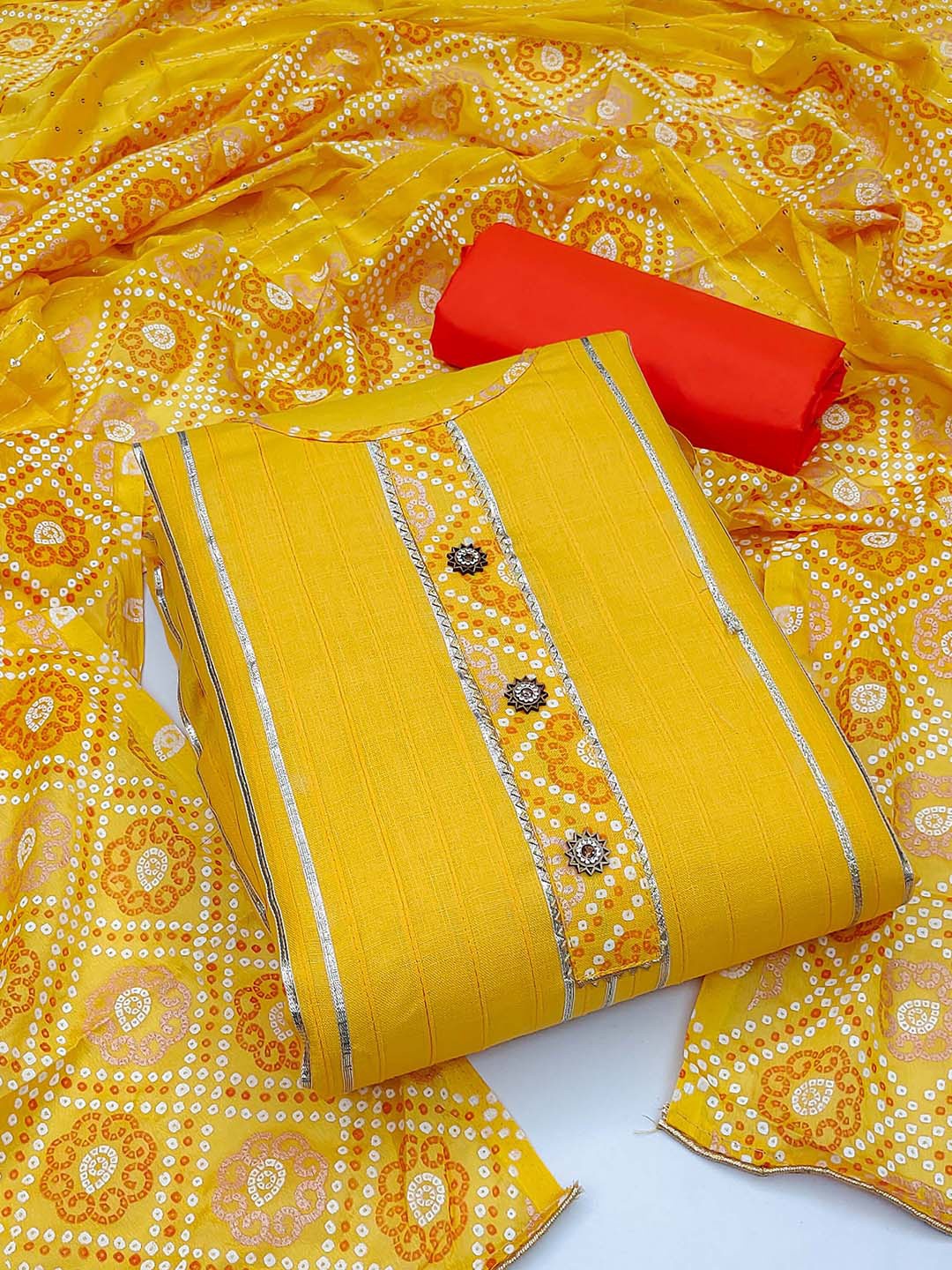 

KALINI Bandhani Printed Pure Cotton Unstitched Dress Material, Yellow