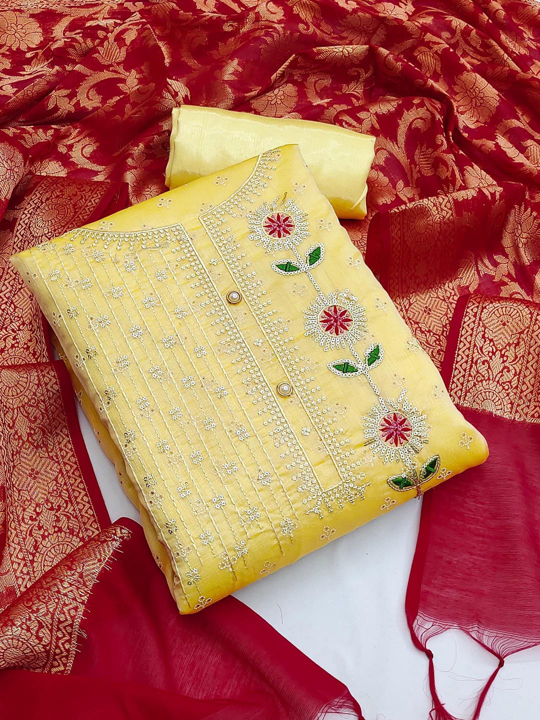 

KALINI Embroidered Unstitched Dress Material, Yellow