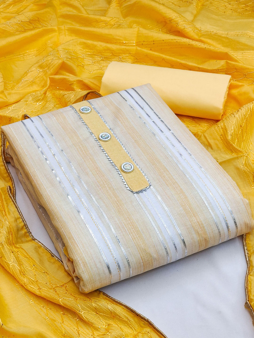

KALINI Striped Gotta Patti Pure Cotton Unstitched Dress Material, Yellow