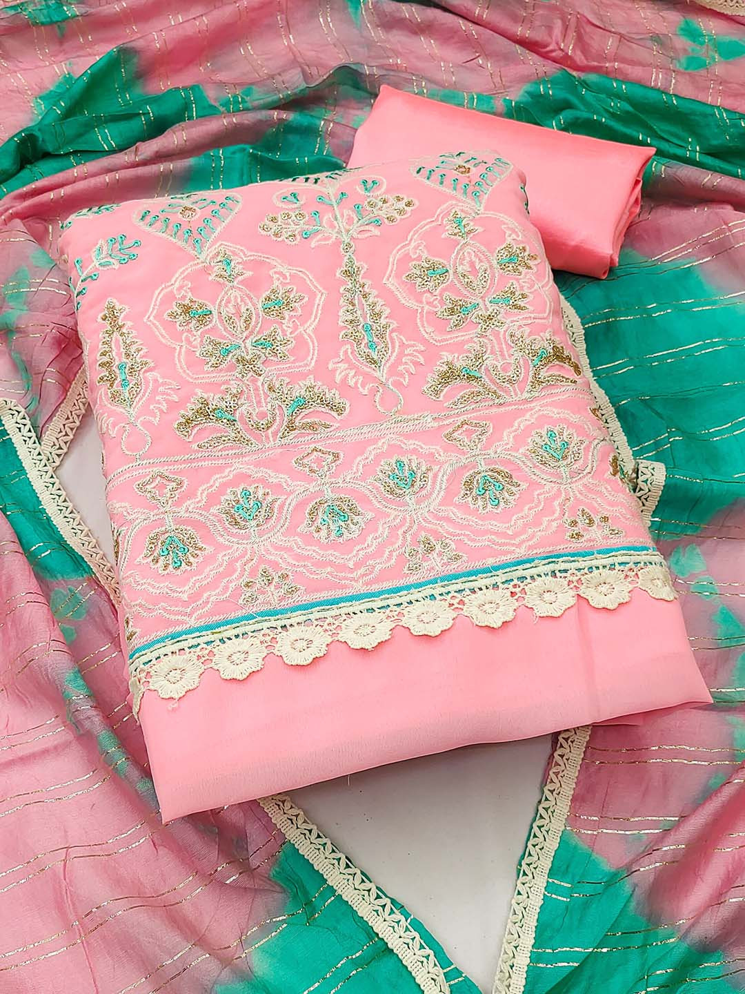 

KALINI Embroidered Silk Georgette Unstitched Dress Material, Pink