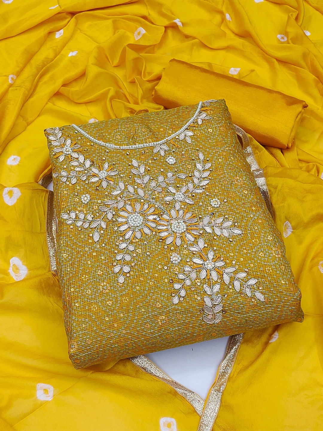 

KALINI Floral Embroidered Pure Cotton Unstitched Dress Material, Yellow