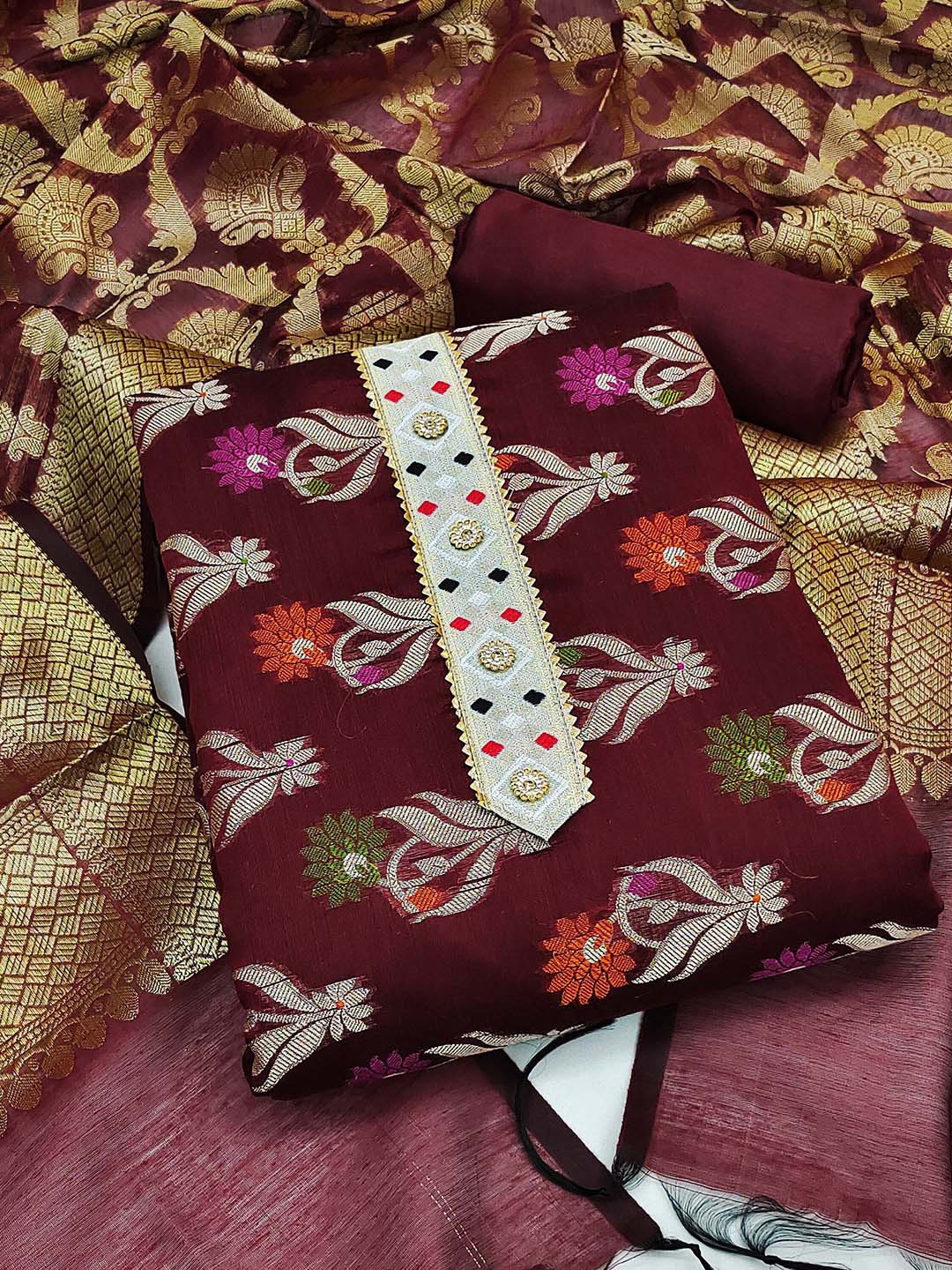 

KALINI Floral Woven Design Zari Unstitched Dress Material, Burgundy