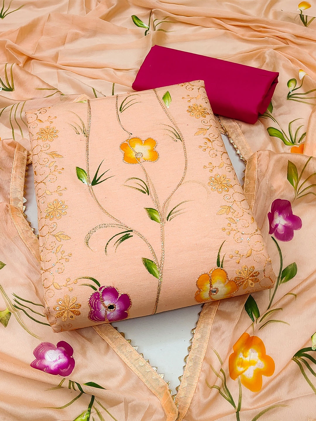 

KALINI Floral Embroidered Gotta Patti Unstitched Dress Material, Peach