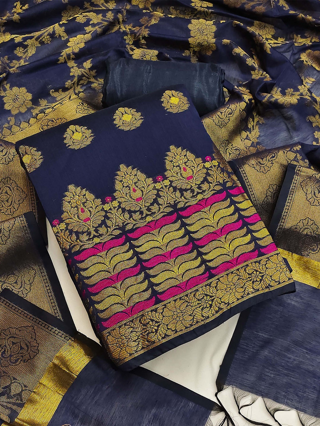 

KALINI Ethnic Motif Woven Design Unstitched Dress Material, Blue