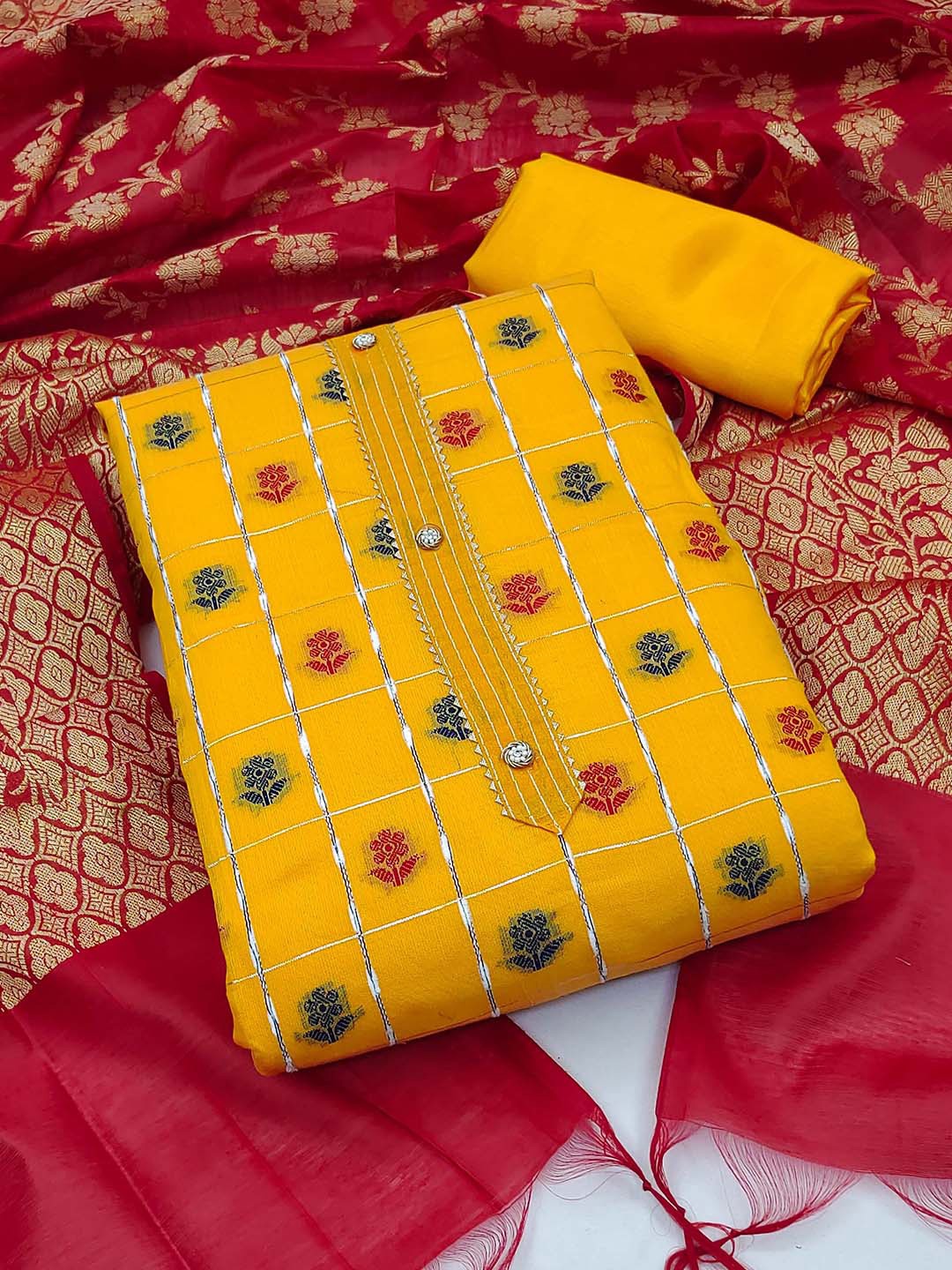 

KALINI Floral Woven Design Zari Unstitched Dress Material, Yellow
