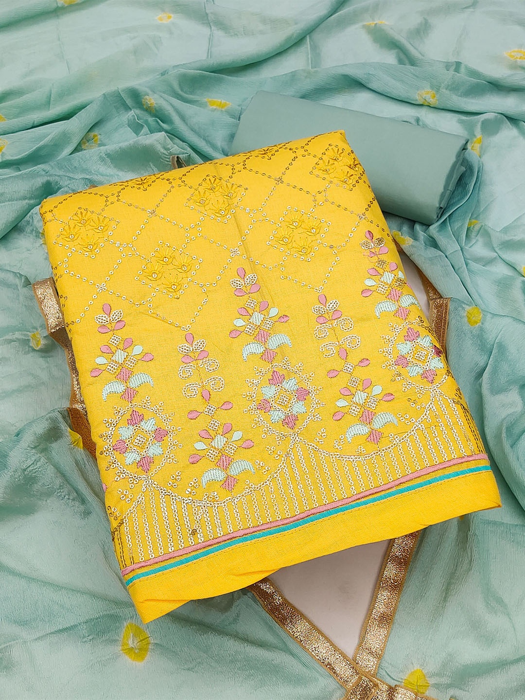 

KALINI Yellow & Blue Embroidered Pure Cotton Unstitched Dress Material