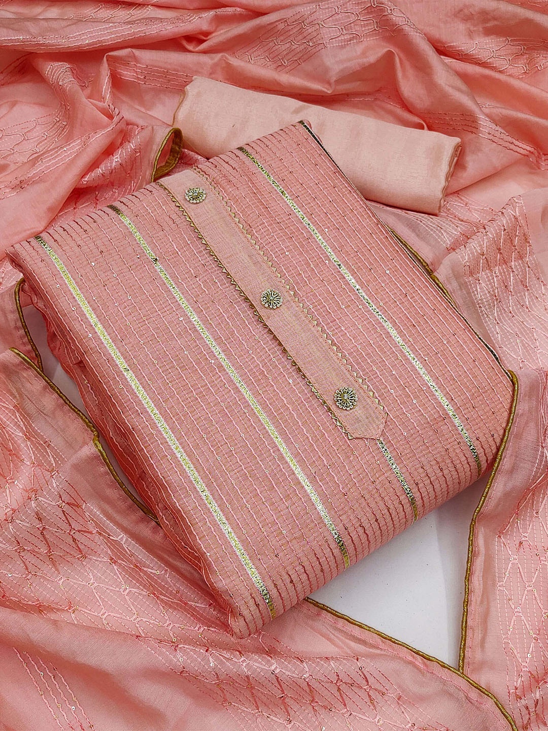 

KALINI Striped Woven Design Unstitched Dress Material With Dupatta, Peach