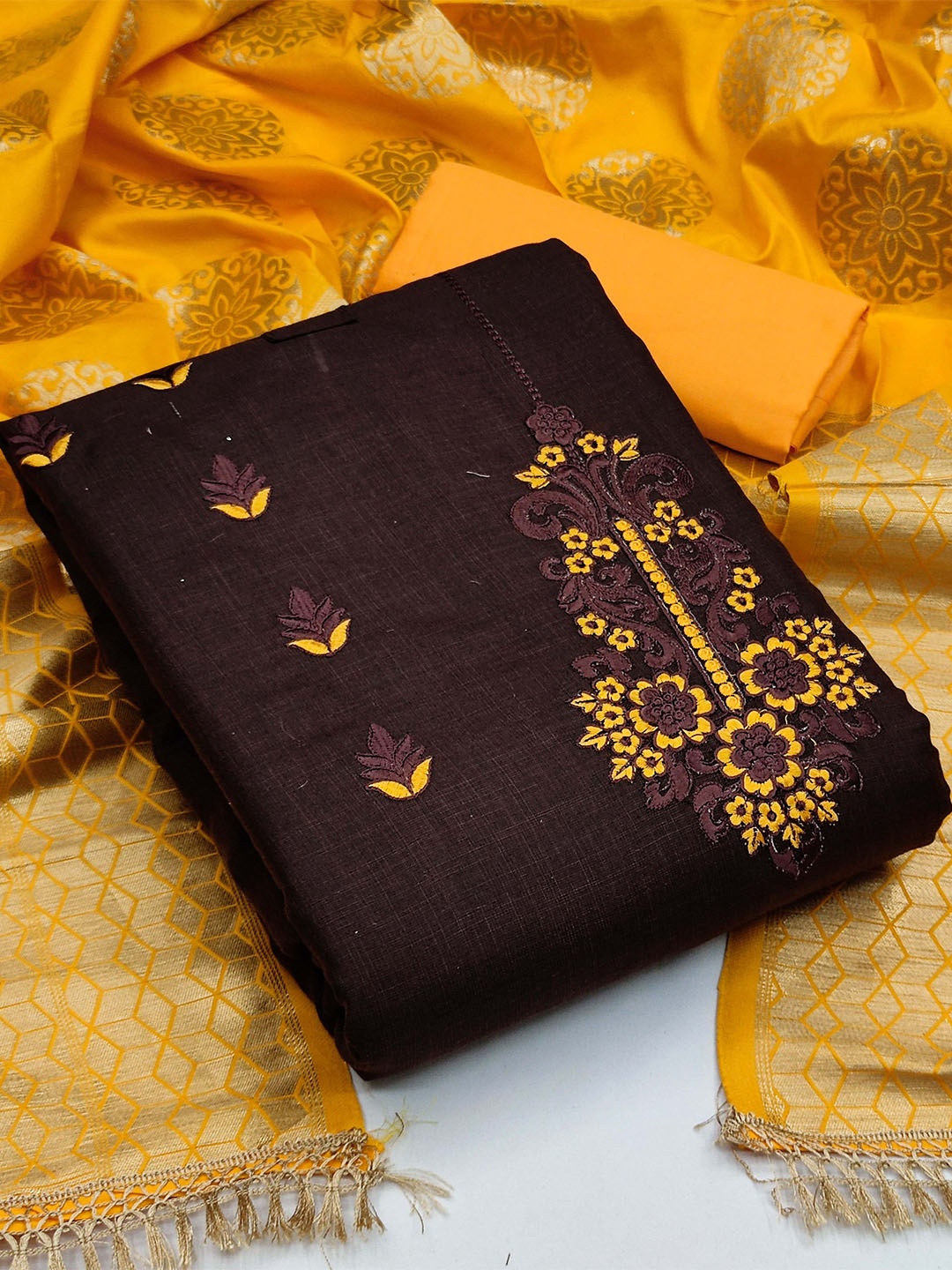 

KALINI Floral Embroidered Zari Unstitched Dress Material, Brown