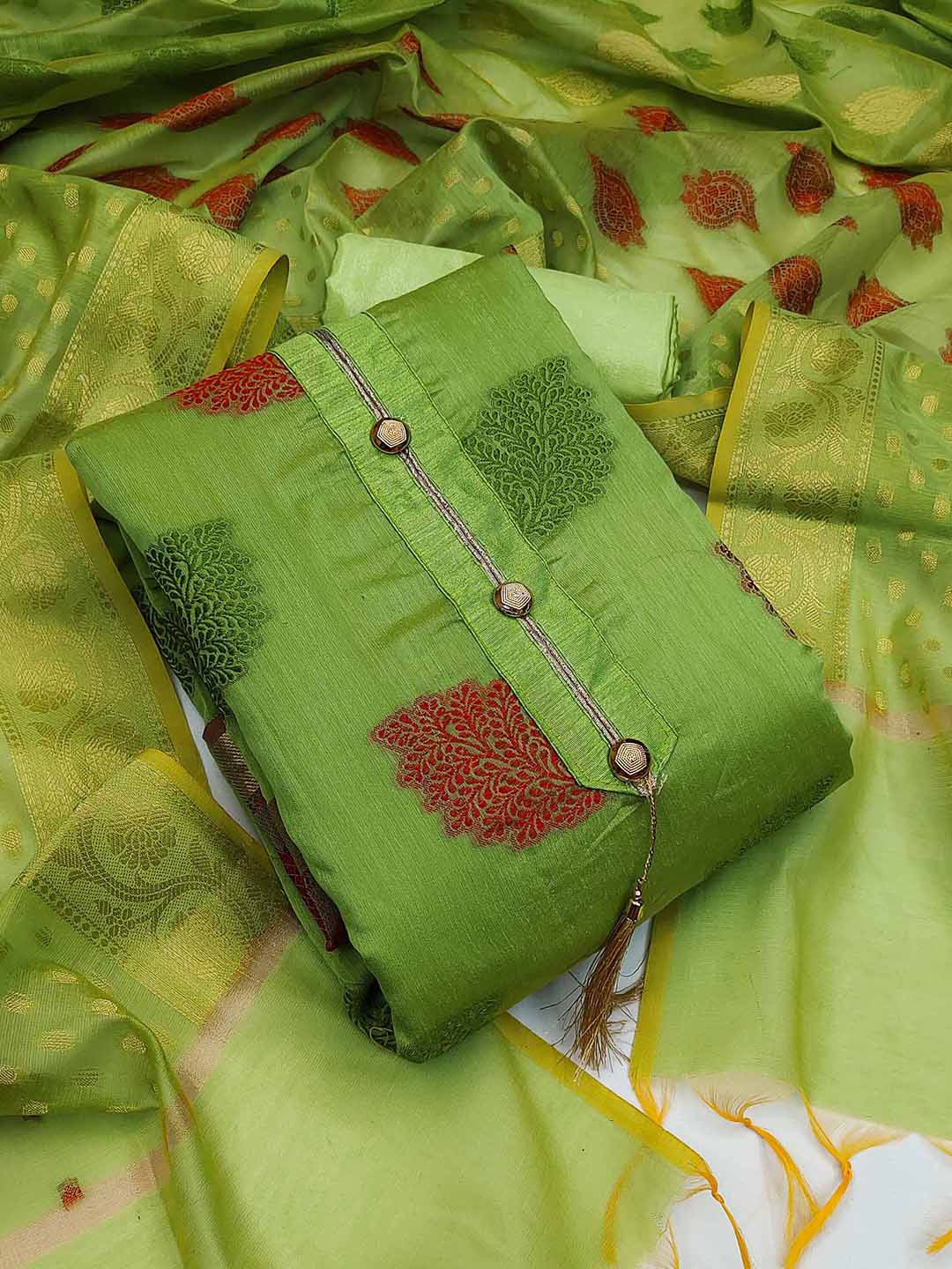 

KALINI Floral Woven Design Unstitched Dress Material, Green