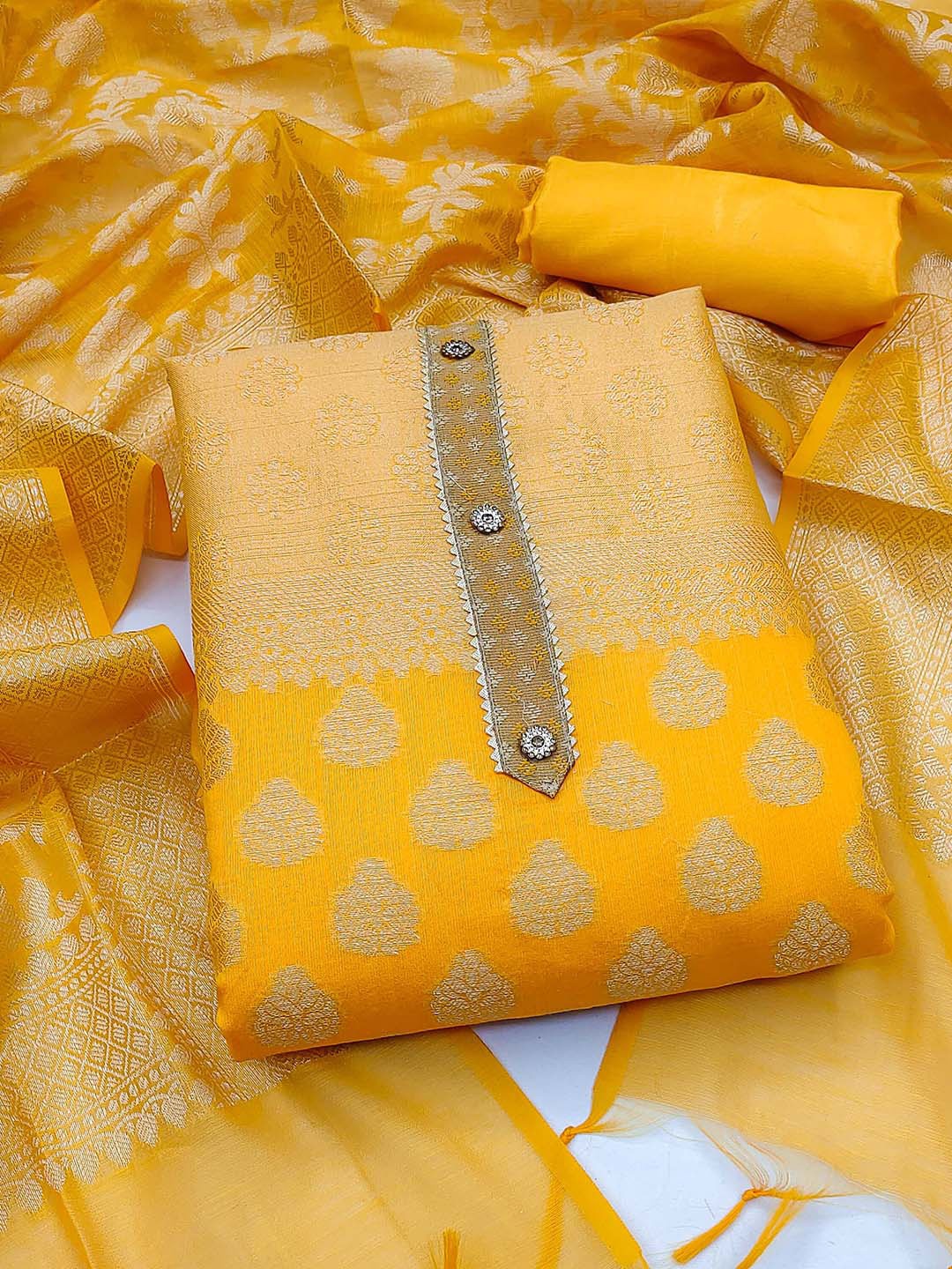 

KALINI Woven Design Zari Unstitched Dress Material, Yellow