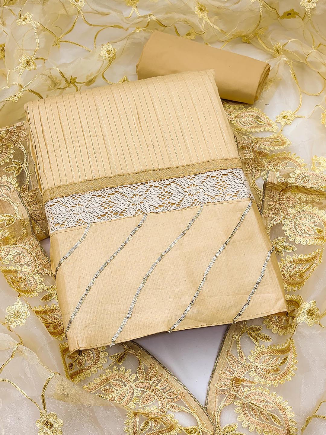 

KALINI Embroidered Pure Cotton Unstitched Dress Material, Beige