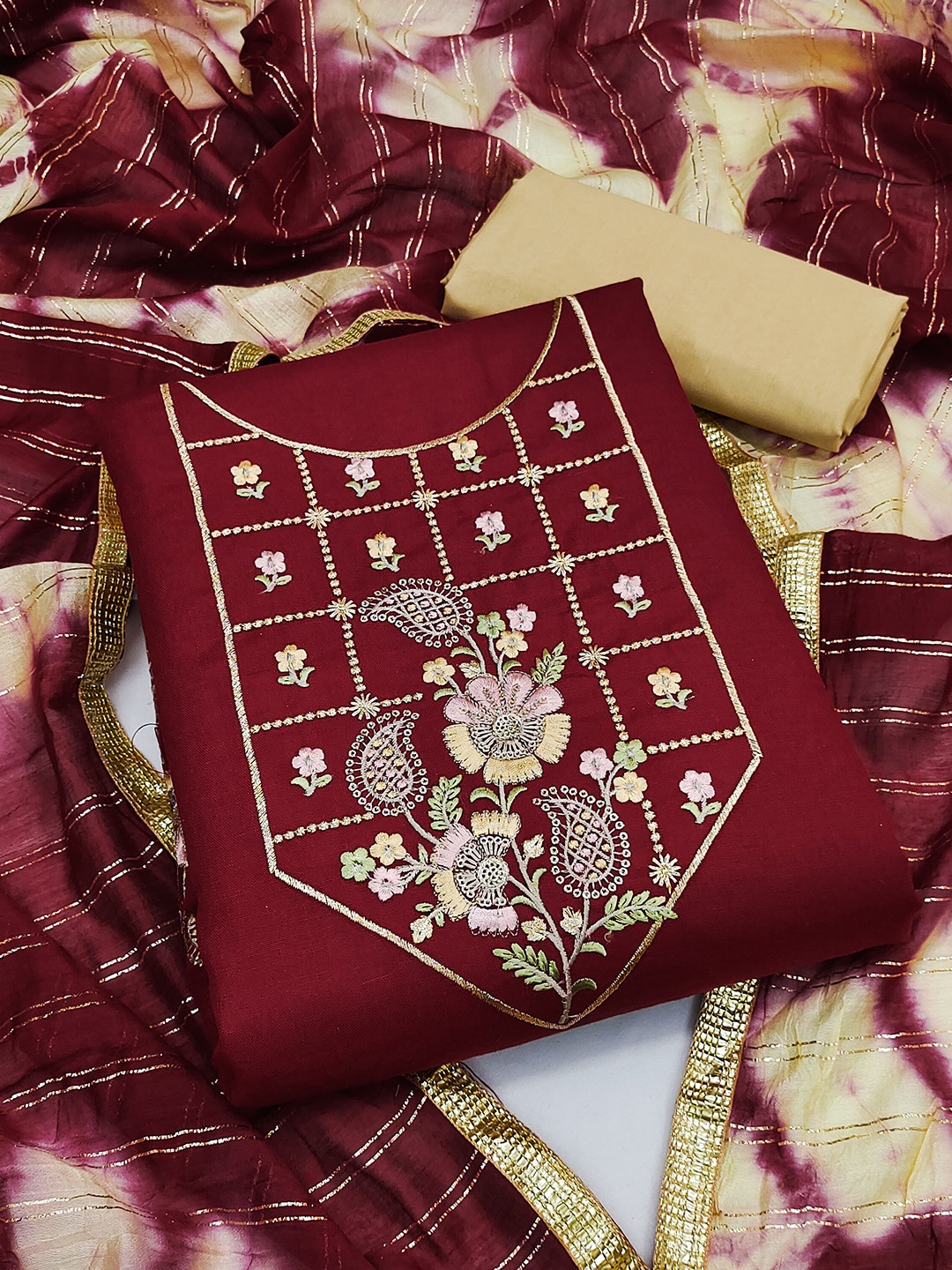 

KALINI Floral Embroidered Pure Cotton Unstitched Dress Material, Maroon