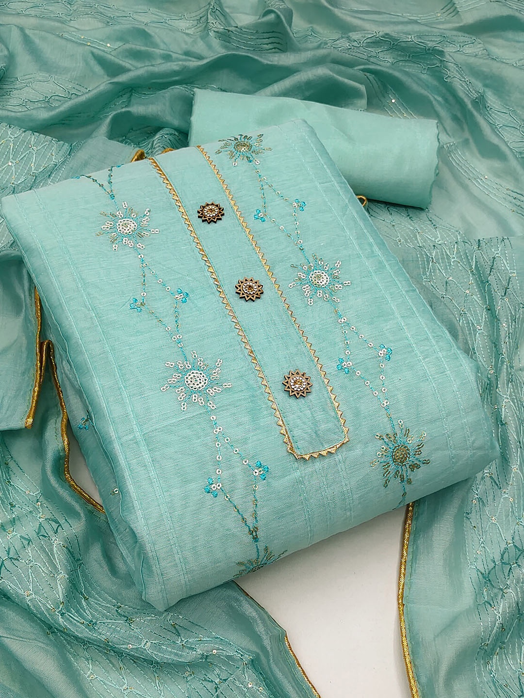 

KALINI Sequinned Embroidered Gotta Patti Unstitched Dress Material, Sea green