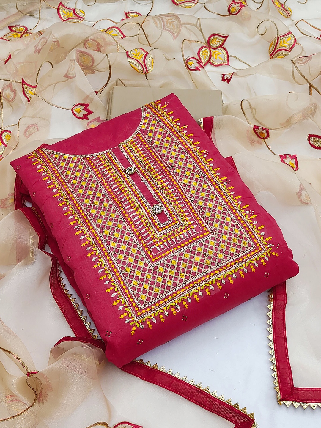 

KALINI Ethnic Motifs Embroidered Unstitched Dress Material, Pink