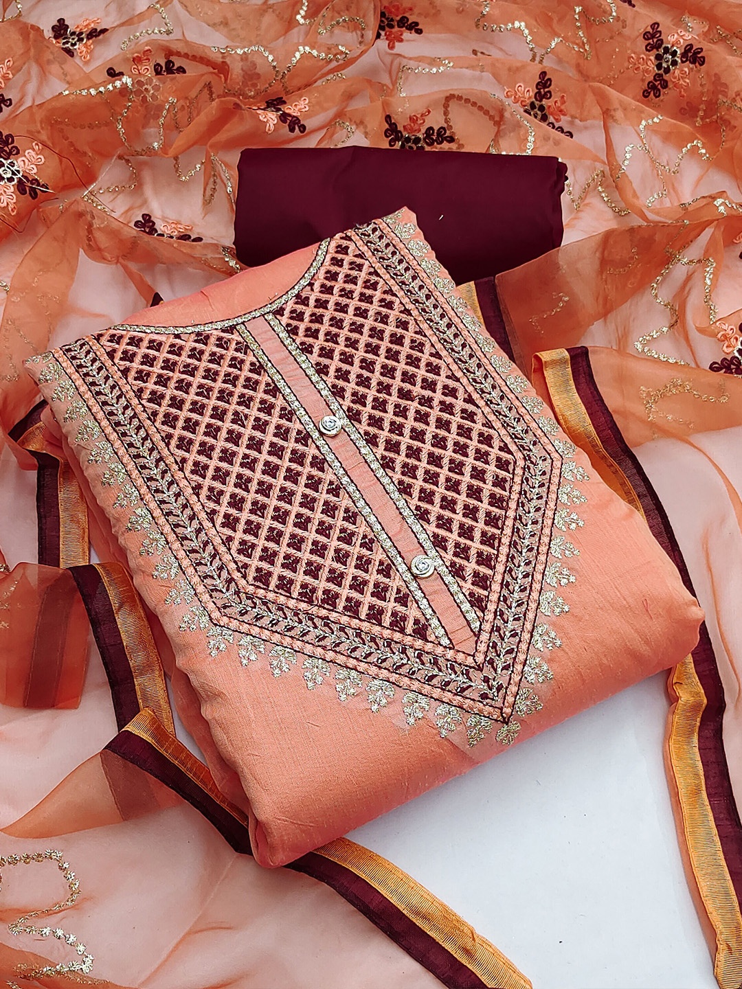 

KALINI Embroidered Zari Unstitched Dress Material, Peach