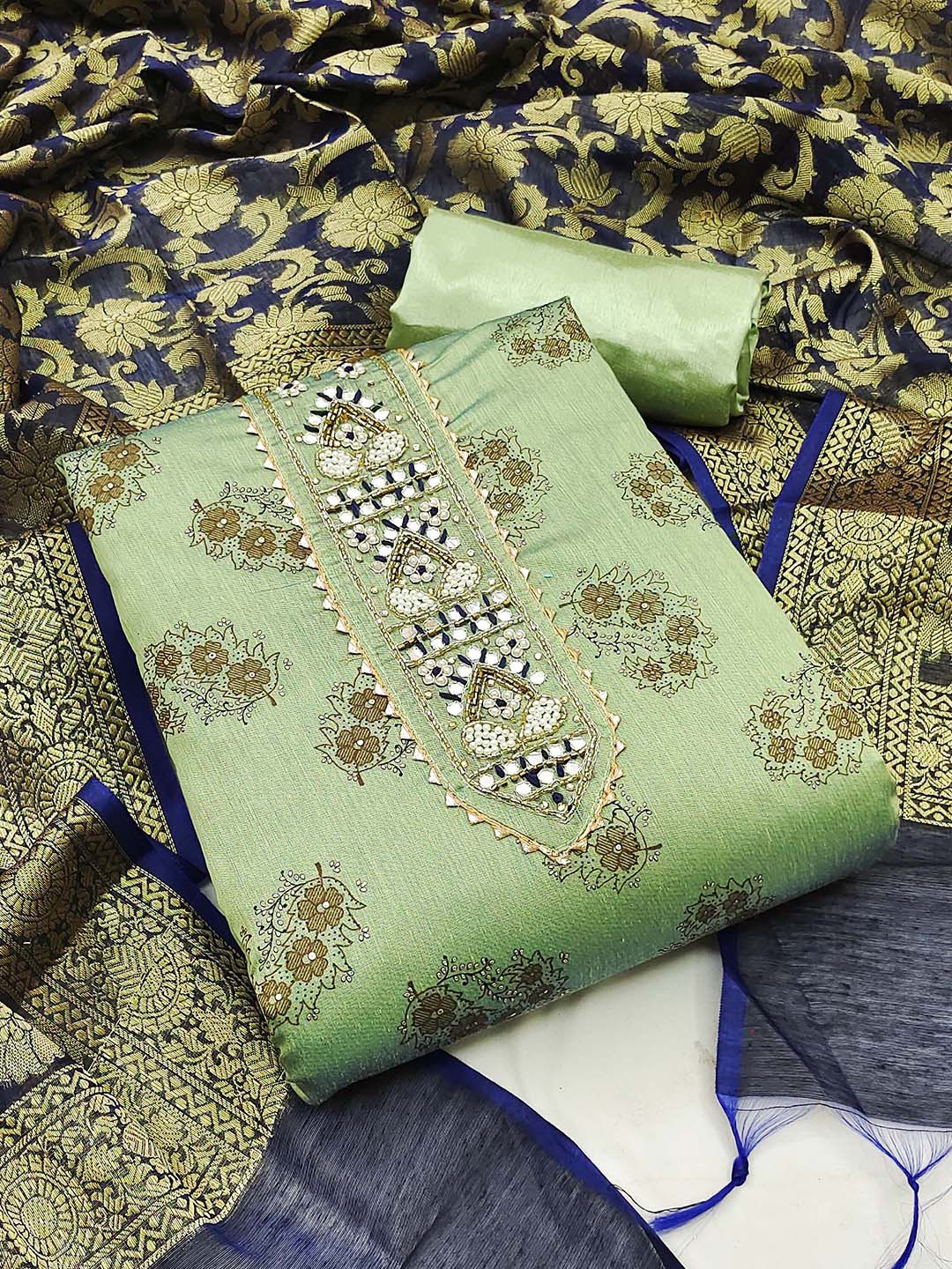 

KALINI Embroidered Unstitched Dress Material, Sea green