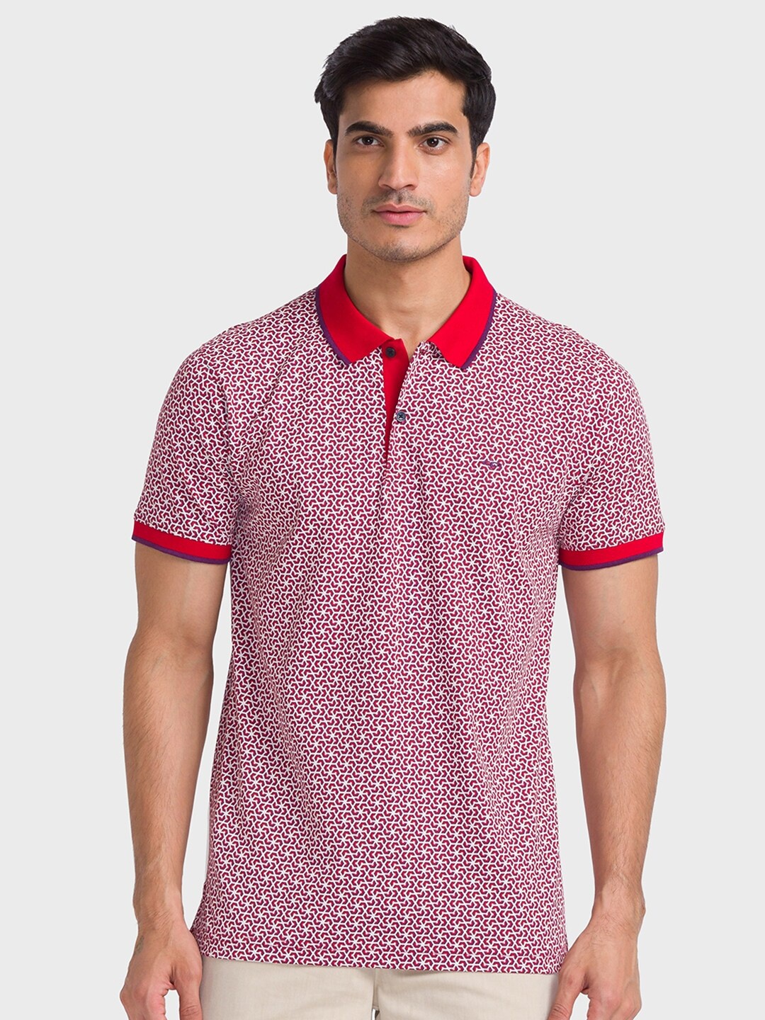 

ColorPlus Geometric Printed Polo Collar Slim Fit Cotton T-shirt, Red