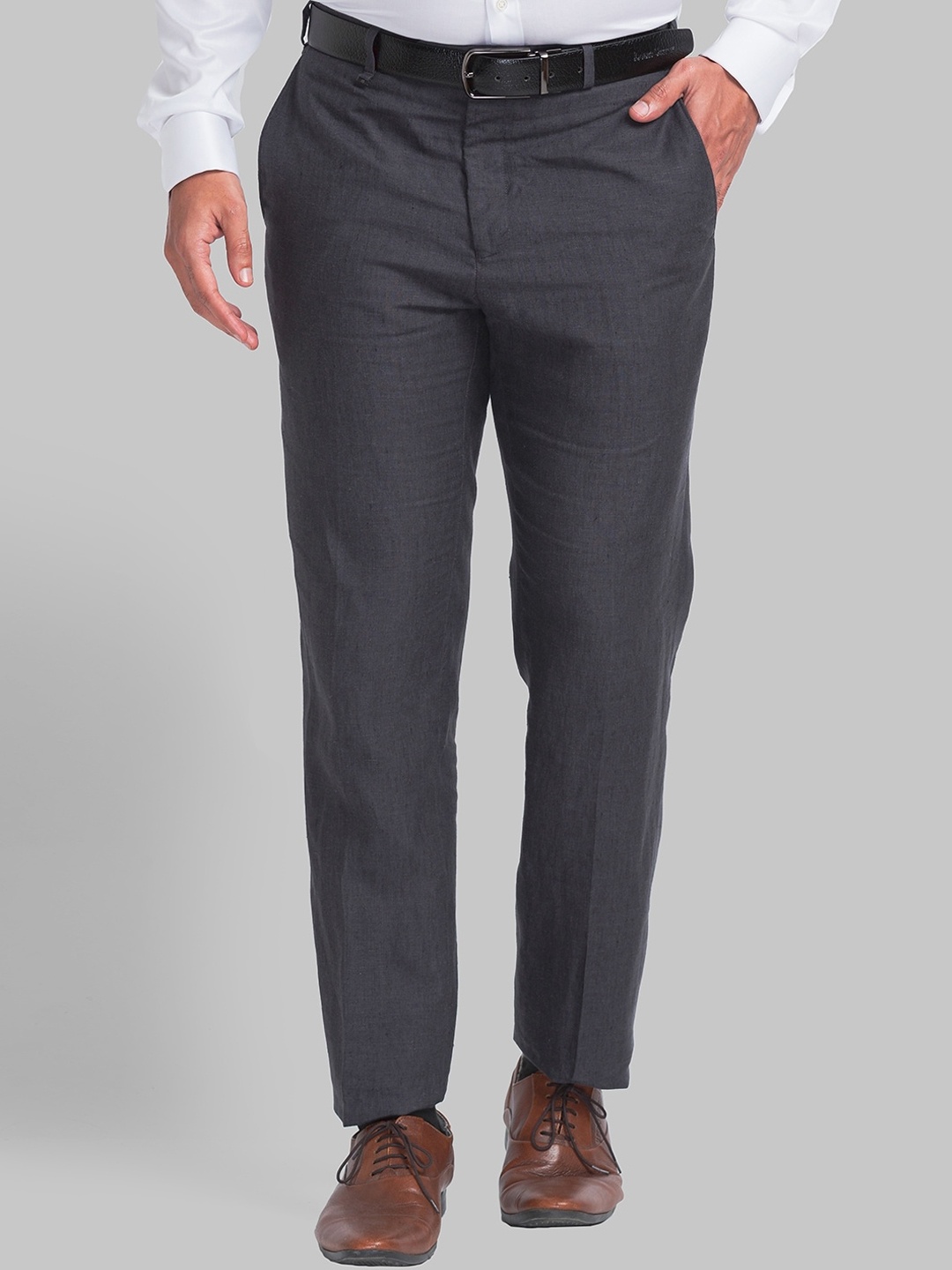 

Raymond Men Pure Linen Mid-Rise Formal Trousers, Grey