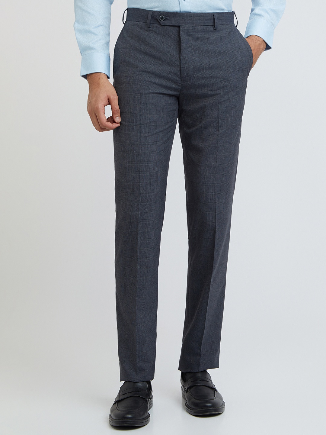 Raymond Men Checked Contemporary-Fit Formal Trousers, Blue