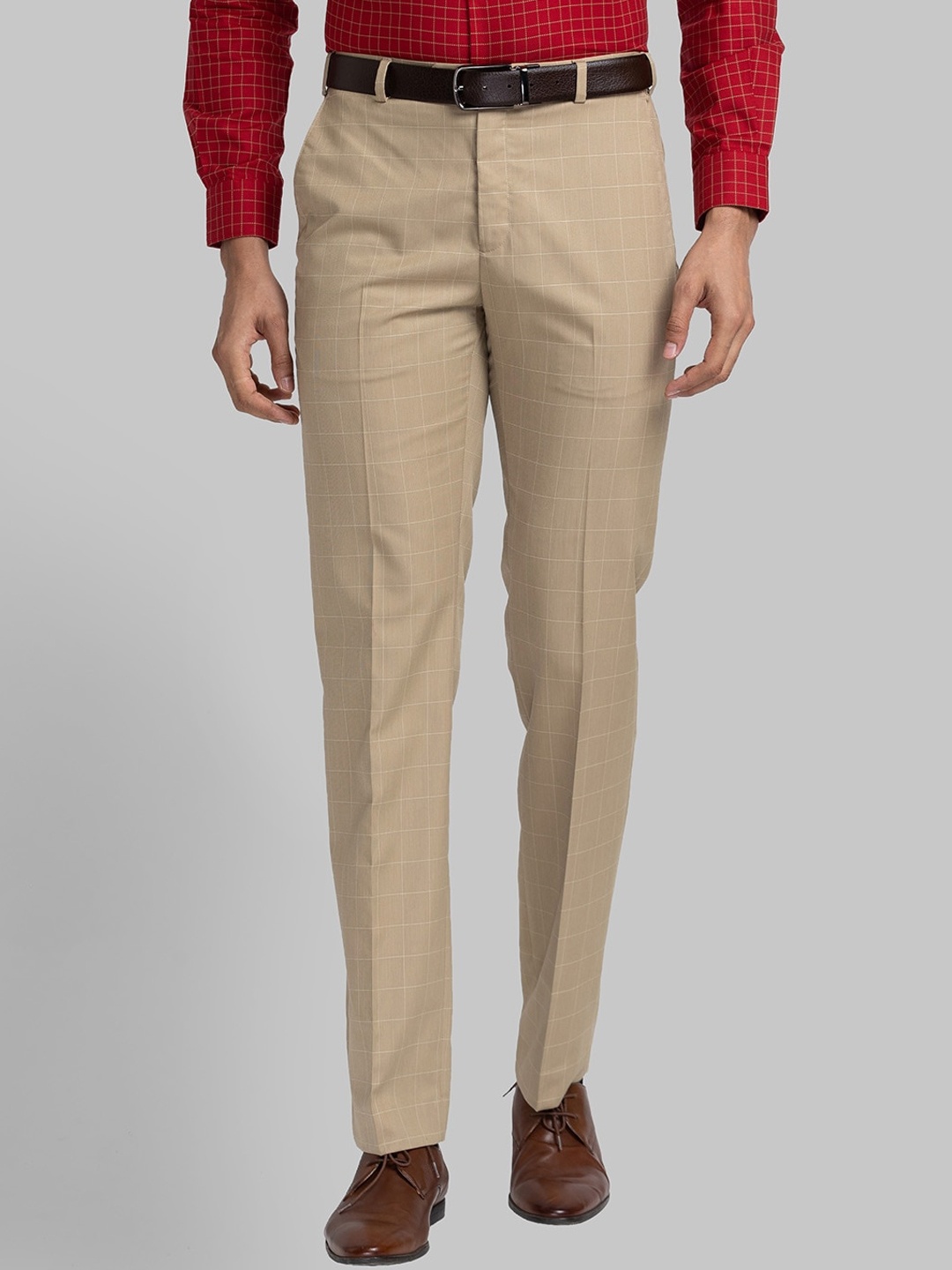 

Raymond Men Checked Contemporary Fit Formal Trousers, Brown
