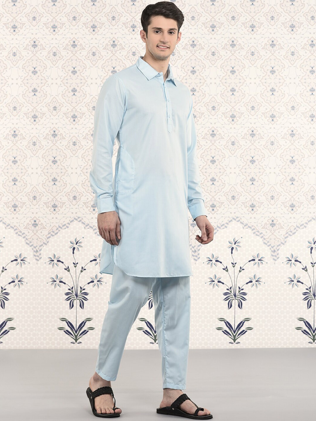 

Ode by House of Pataudi Shirt Collar Kurta With Pyjamas, Blue