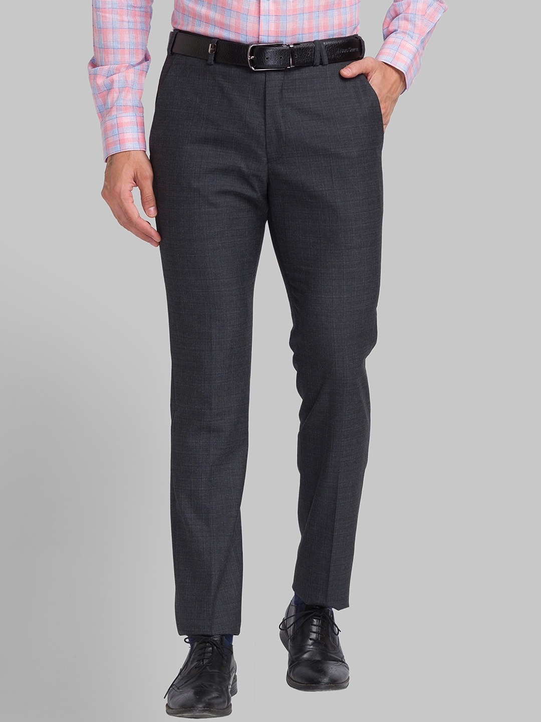 

Park Avenue Men Super Slim Fit Textured Plain Formal Trousers, Grey