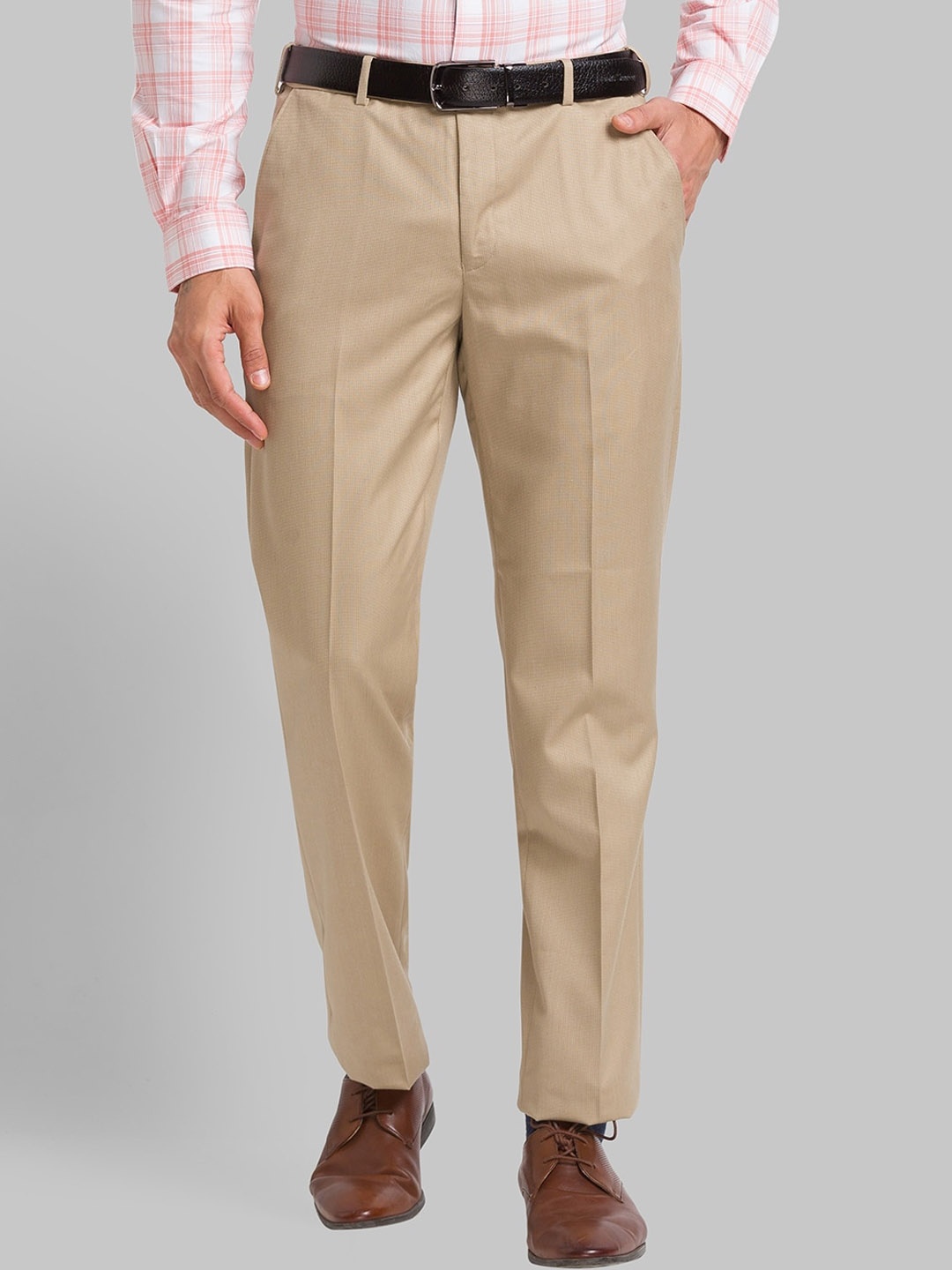 

Park Avenue Men Flat-Front Plain Mid-Rise Formal Trousers, Beige