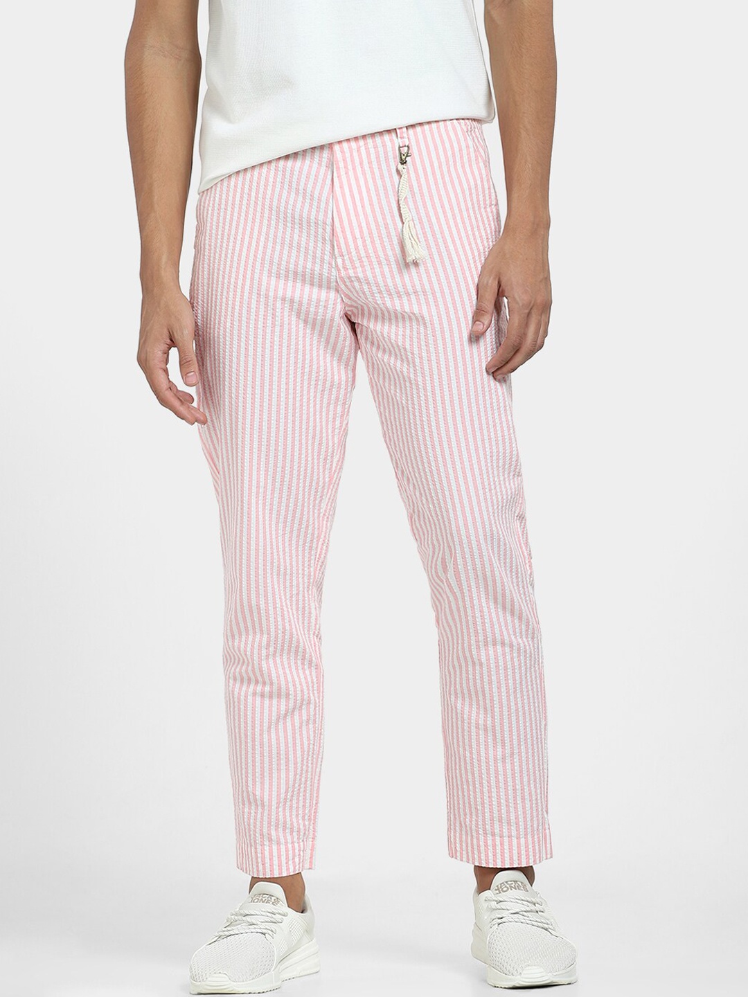 

Jack & Jones Men Striped Cotton Flat-Front Plain Mid-Rise Trousers, Pink