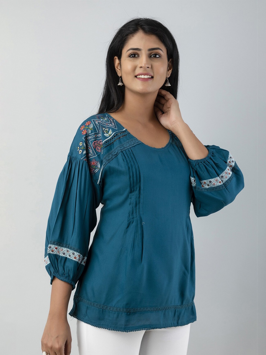 

PREKSHA Round Neck Puff Sleeve Embroidered Top, Blue