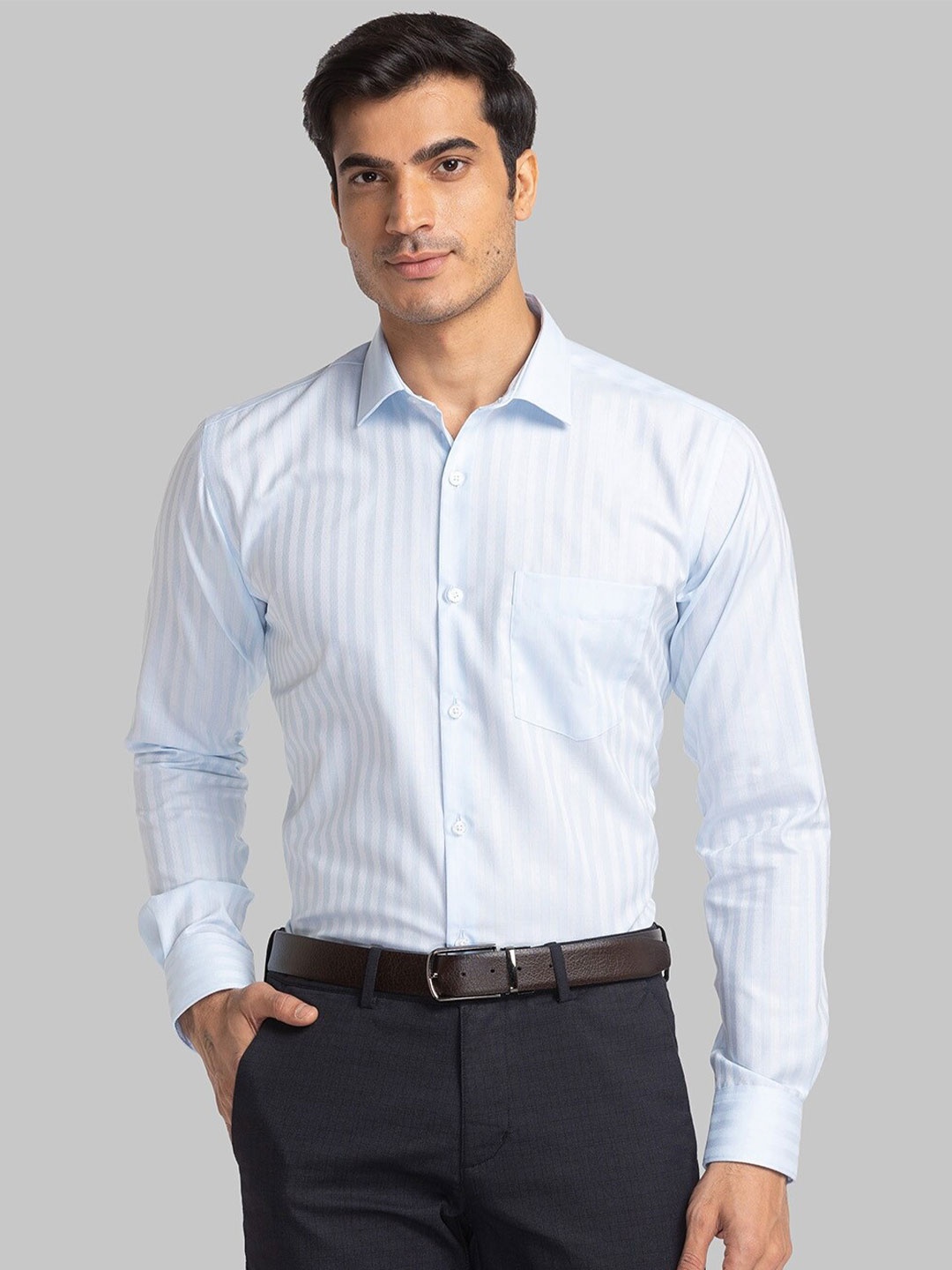 

Park Avenue Vertical Striped Spread Collar Pure Cotton Formal Shirt, Blue