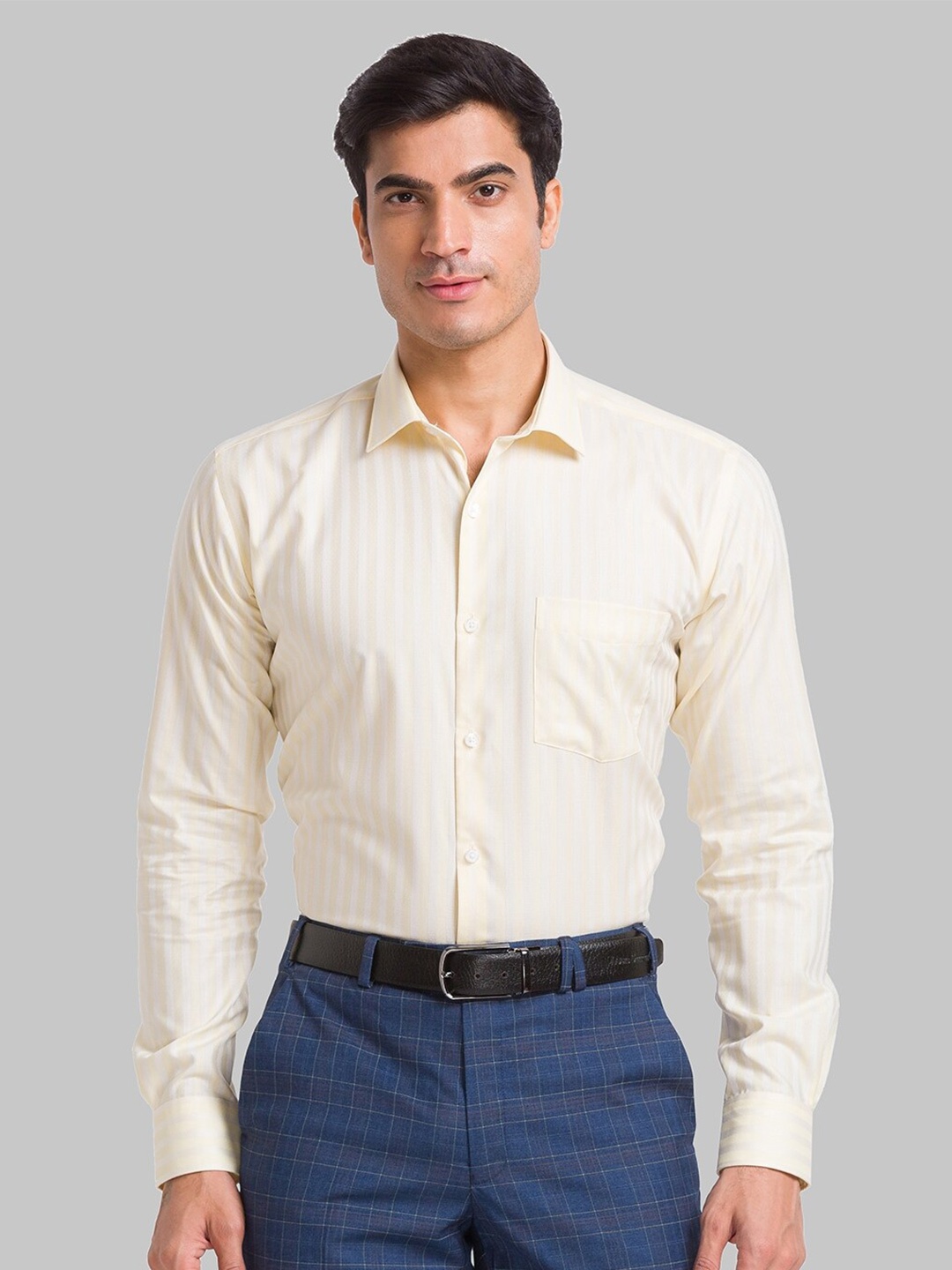 

Park Avenue Slim Fit Vertical Striped Pure Cotton Formal Shirt, Yellow