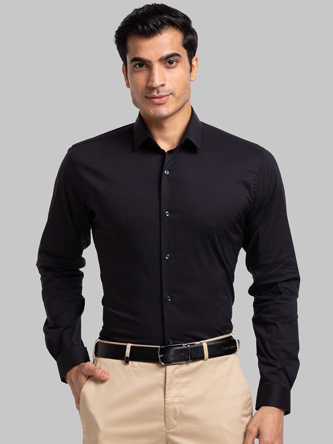 Park Avenue Slim Fit Spread Collar Casual Shirt, Black