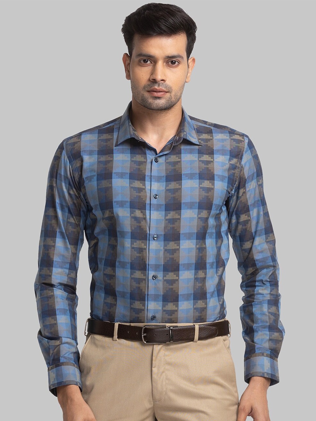 

Park Avenue Slim Fit Checked Spread Collar Formal Cotton Shirt, Blue