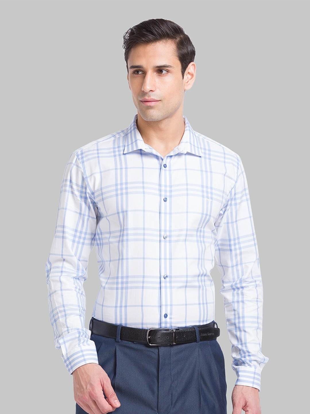 

Park Avenue Slim Fit Checked Spread Collar Pure Cotton Formal Shirt, Blue