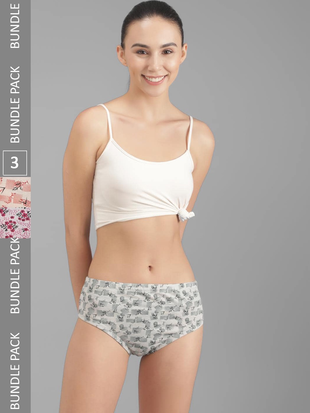 

Kotty Women Pack Of 3 Floral Printed Cotton Ultra-Soft Hipster Briefs, Grey