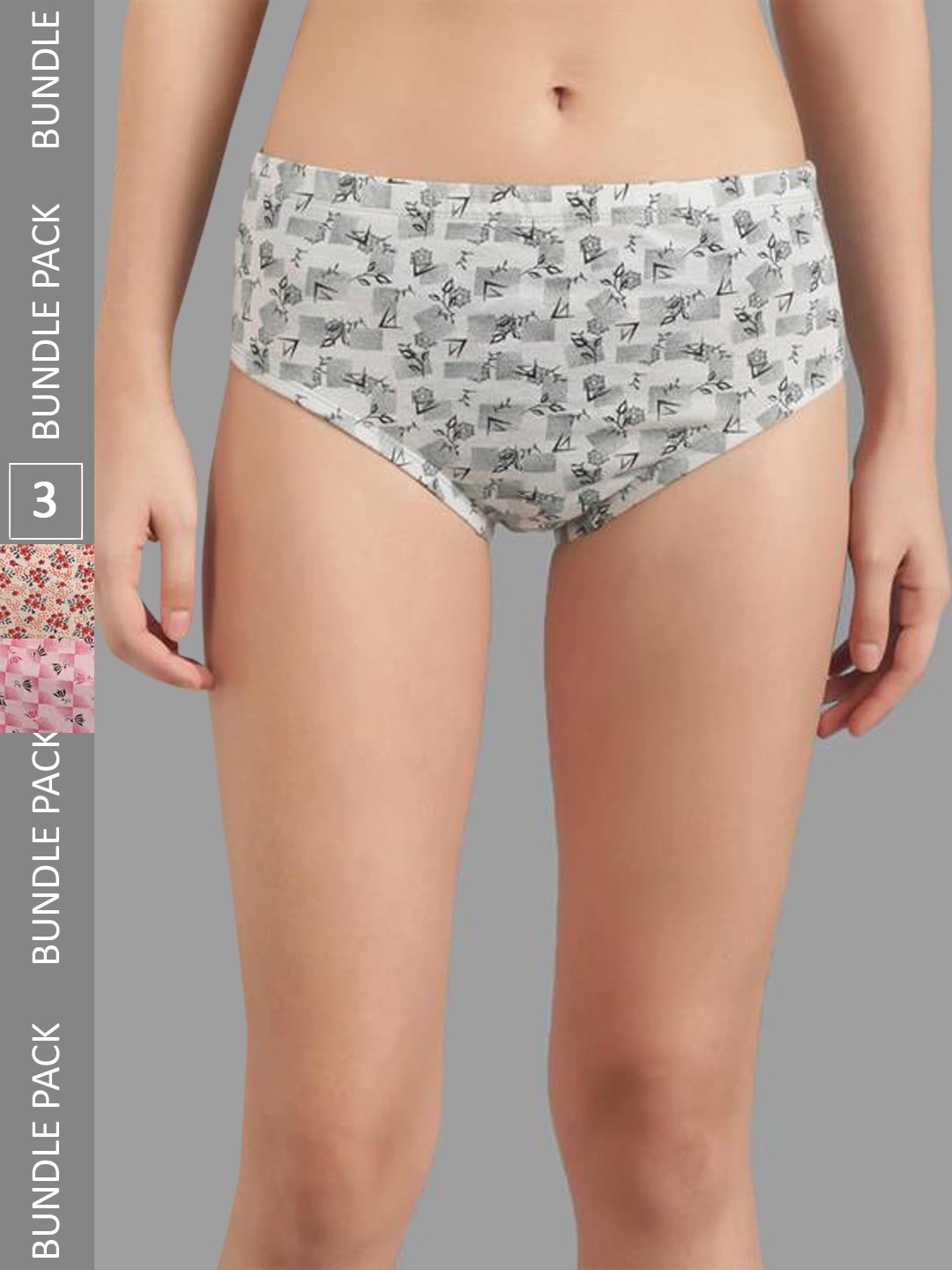 

Kotty Women Pack Of 3 Floral Printed Cotton Hipster Briefs, Grey