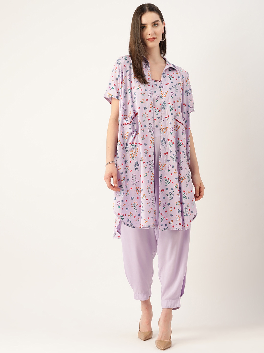 

MISRI Floral Printed Thread Work Top With Harem Pants & Jacket, Lavender