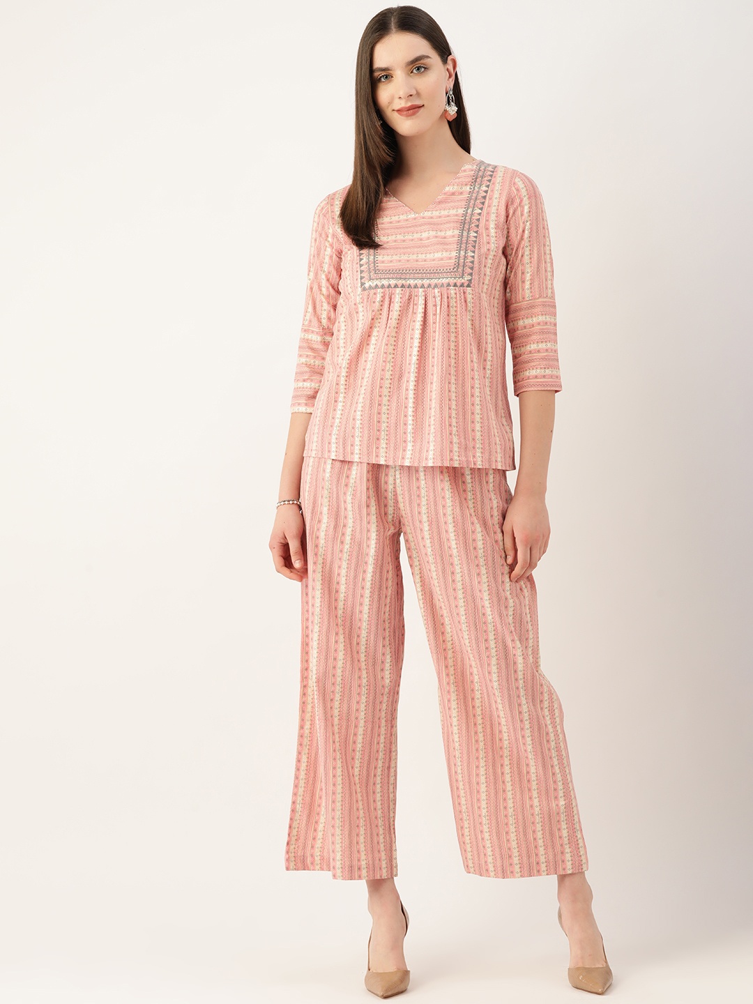 

MISRI Geometric Print Pure Cotton Top & Palazzos Set, Pink