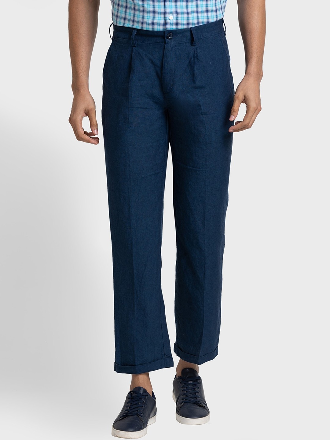 

ColorPlus Men Mid-Rise Pure Linen Casual Trousers, Blue